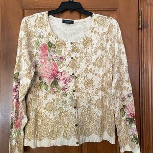 Josephine 52% Silk Beige and White Button-Up Sweater w/Floral Design, Size XL‎